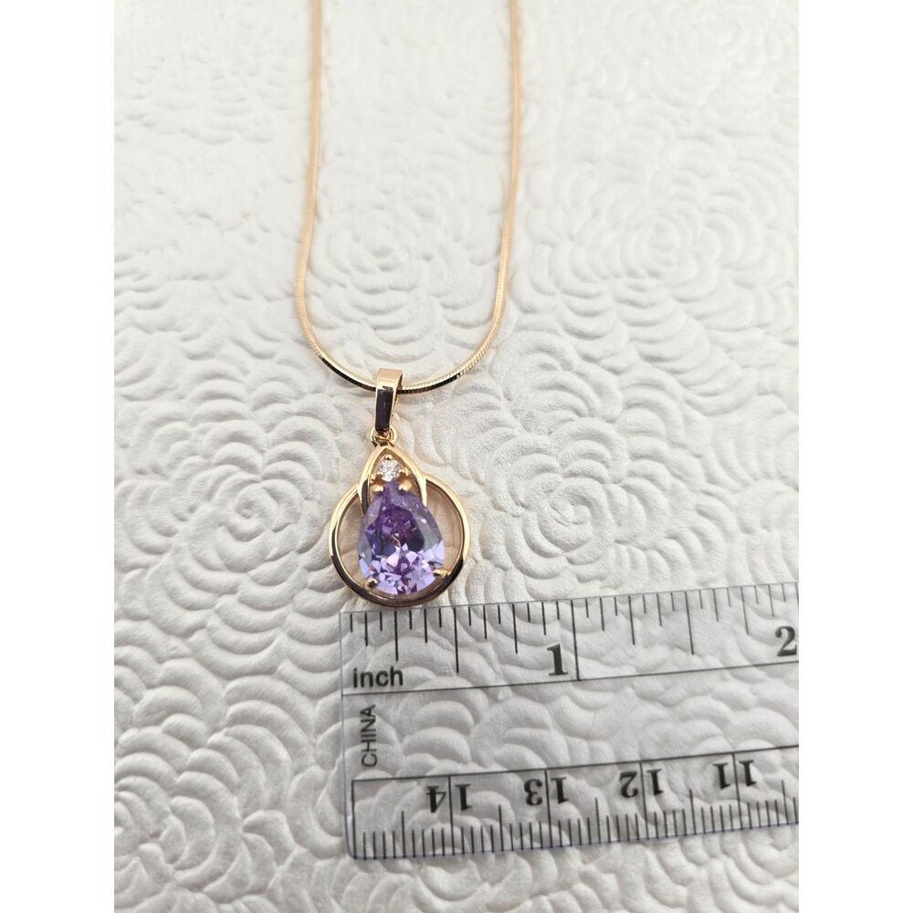 XP Gold Plated Pendant Necklace Pear Cut Glass Amethyst 19” Snake Chain Elegant - Picture 8 of 8